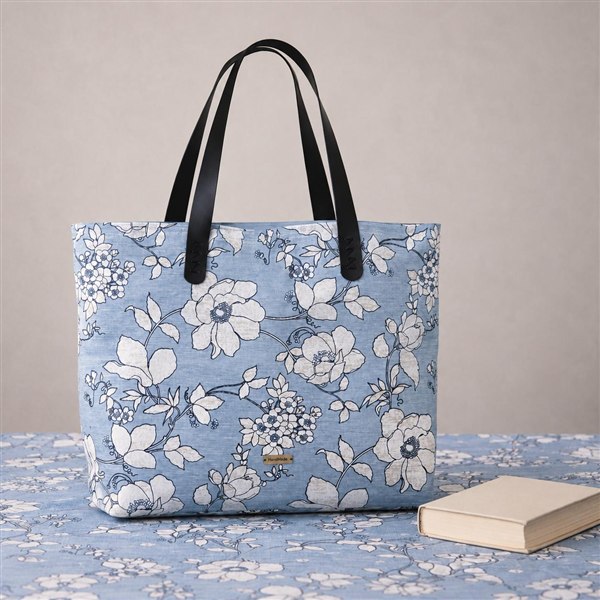 Mavi Çiçekli Cepli Duck Tote Çanta