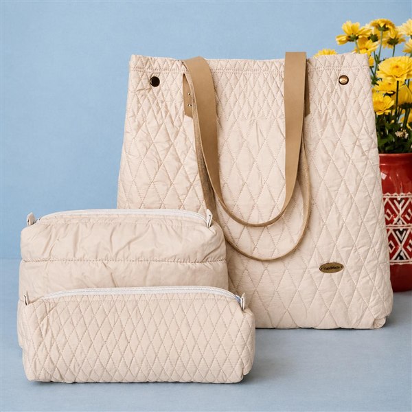 Krem Kapitone Organizer Tote Çanta